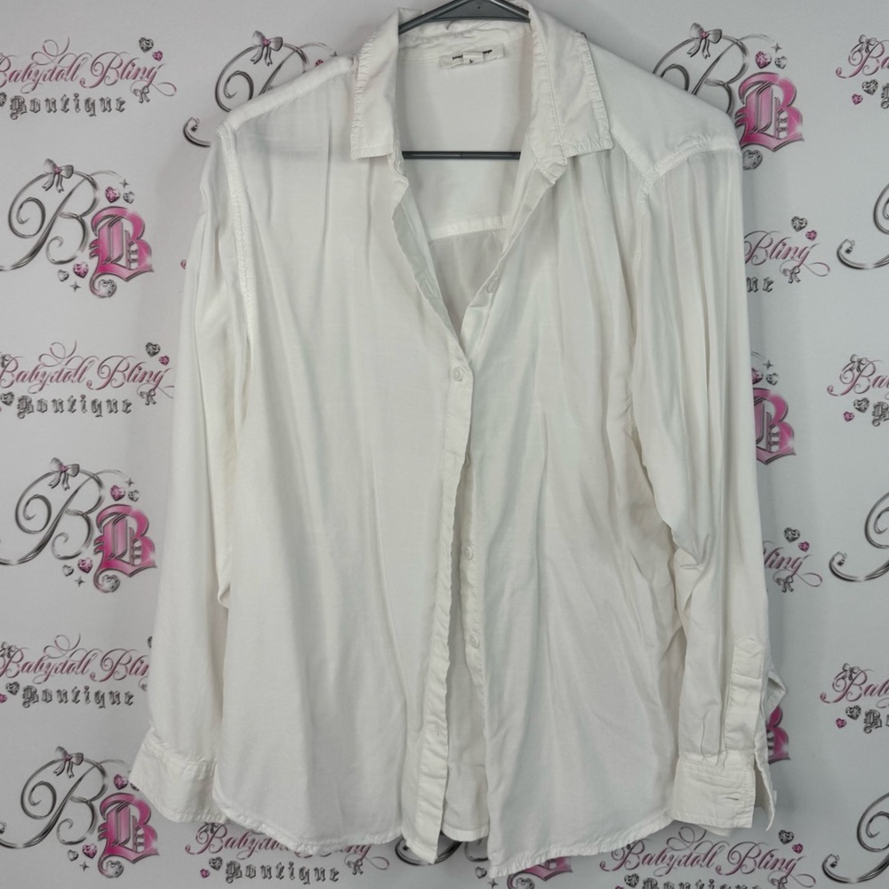 Beachlunchlounge long sleeve button up classic shirt collared White Top